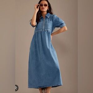 Anthropologie ALIGNE Gabriella Puff-Sleeve Midi Dress Light Wash Size 16